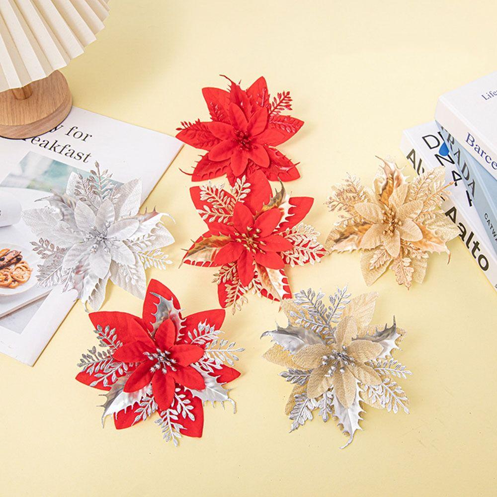 5pcs Shining Christmas Simulation Flower Fake Christmas Tree Decorations Gold Powder Flower  Friends