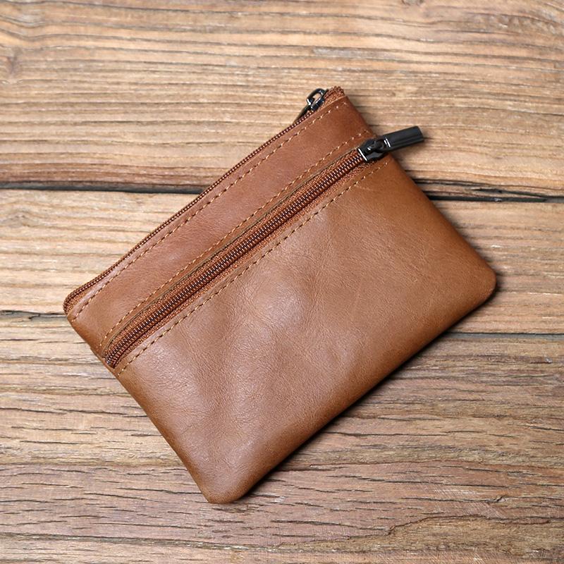 NZPJ Men's Leather Zipper Coin Wallet First Layer Cowhide Mini Short Wallet Handbag Change Wallet