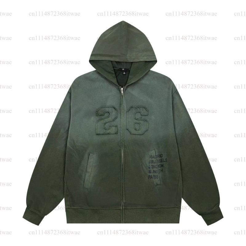 Arirang Tour Washed Green Zip Up Cropped Hoodie Raw Cut Patch Number Decoration Loose Casual Street Style Fans
