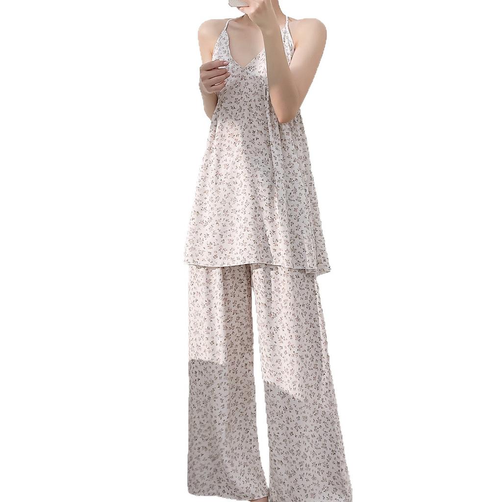 Sweet floral suspender anti-bump backless pajamas women's summer with chest pads cotton silk can be worn outside loungewear suit thin