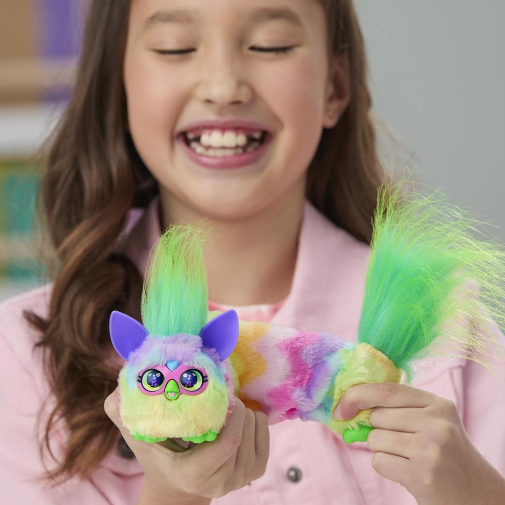 Hasbro Furby DJ Furblets Candy Swirl Mini Friend, Furby-speaking only, motorized plush toy with expandable body, sounds and music, for ages 6 and up,