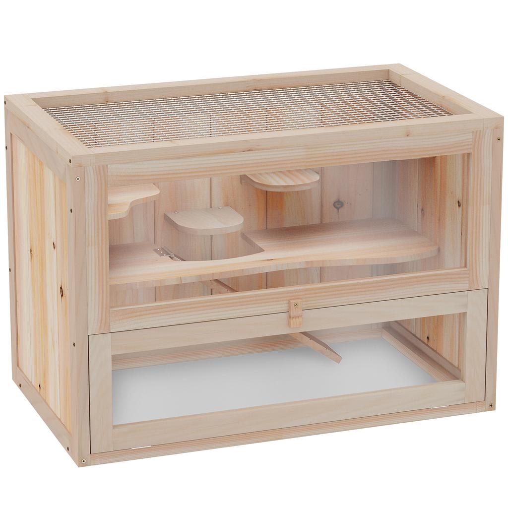 Gabbia per Hamster in Legno Topo Topi Roditore Piccoli Animali Gabbietta Esercizio Casa Giochi 60 x 35 x 42 cm, Finitura Legno Naturale