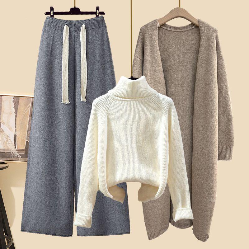 Women's Autumn 2024 Three-Piece Set: Mid-Length Cardigan Jacket, High-Neck Sweater, and Slim Wide-Leg Pants