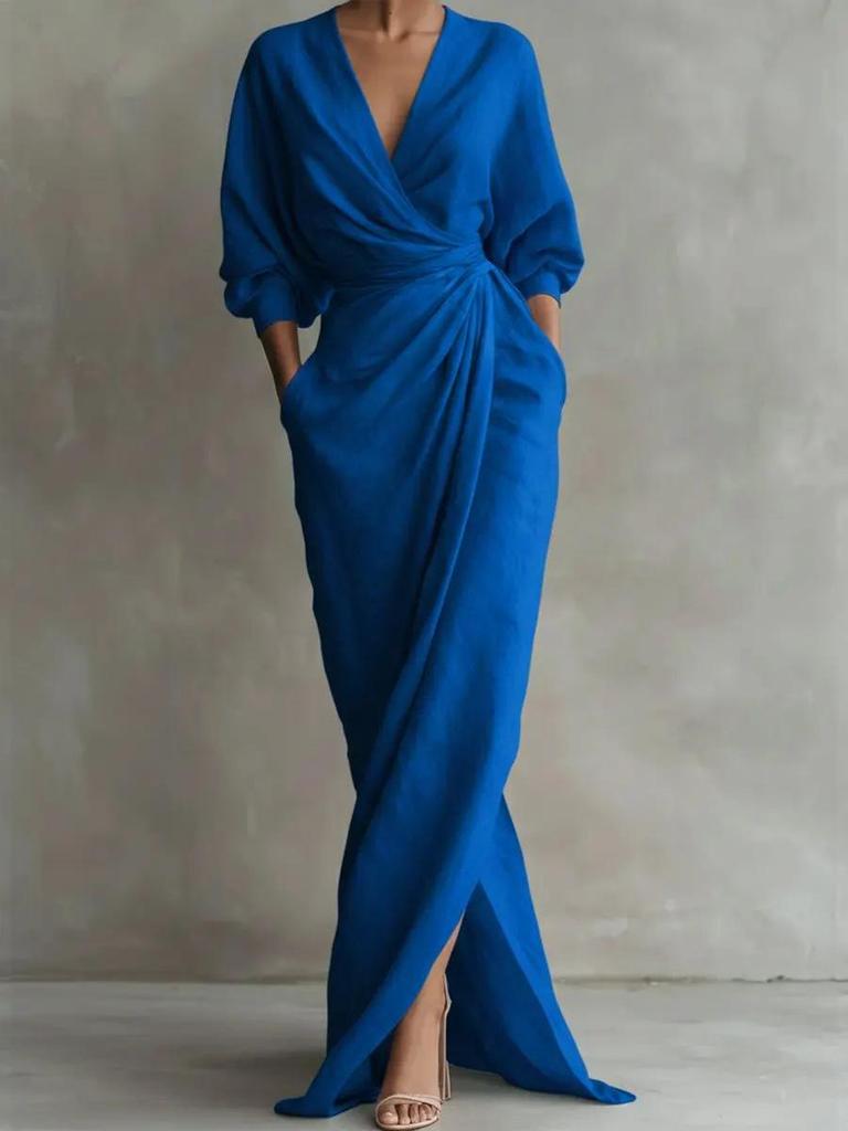 Elegant Solid Color V-Neck Long Sleeve Maxi Dress with Waist Pocket
