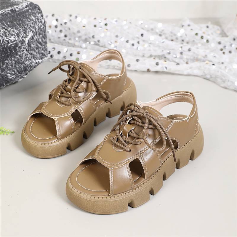 

Korean version lace-up muffin sole sandals women s summer 2025 new retro hollow breathable open-toed soft sole with skirt beach shoes 40