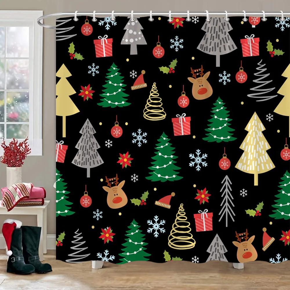 Christmas Theme Shower Curtain Winter Snow Christmas Tree Deer Rustic Wooden Panel Fabric Washable Shower Curtain Bathroom Decor