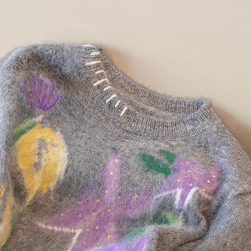 Women's Artistic Floral Print Loose Knit Sweater