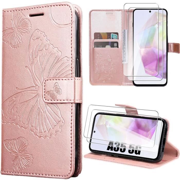 Coque de protection - Booling - pour Samsung Galaxy A35 5G - Rose - Effet cuir - Motif papillon