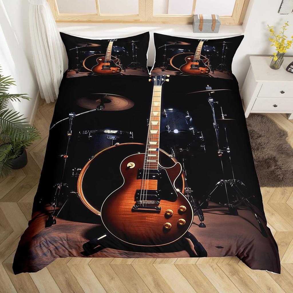 Drum Kit Duvet Cover Sets For Kids Boys Teens Queen Lightweight Quilt Covers Classical Music Bedding Set Room Decor No Comforter