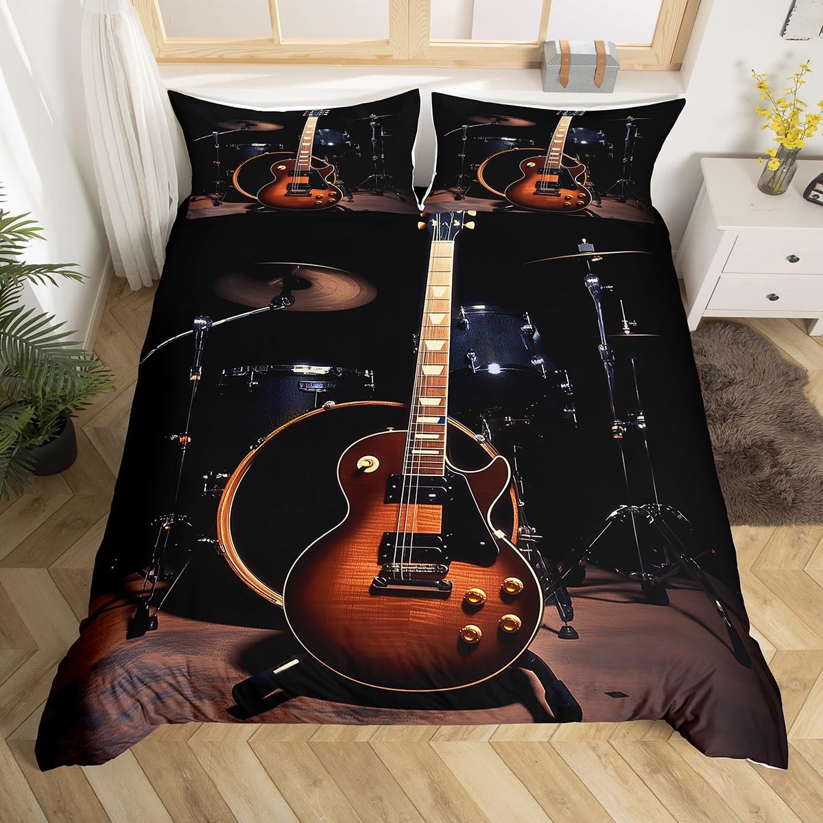 

Drum Kit Duvet Cover Sets For Kids Boys Teens Queen Lightweight Quilt Covers Classical Music Bedding Set Room Decor No Comforter EU Single(135*200cm)3pcs