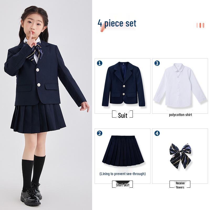 Spring/Summer Kids' British College Style Navy Blue Kindergarten Uniform Set for Performances