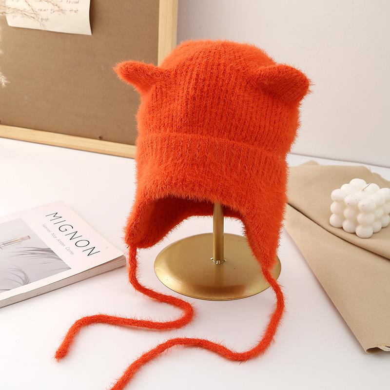Cute Bear Ears Knitted Wool Hat Women's Big Head Circumference Versatile Face Little Lei Feng Hat Warm Ear Protection Hat Tide
