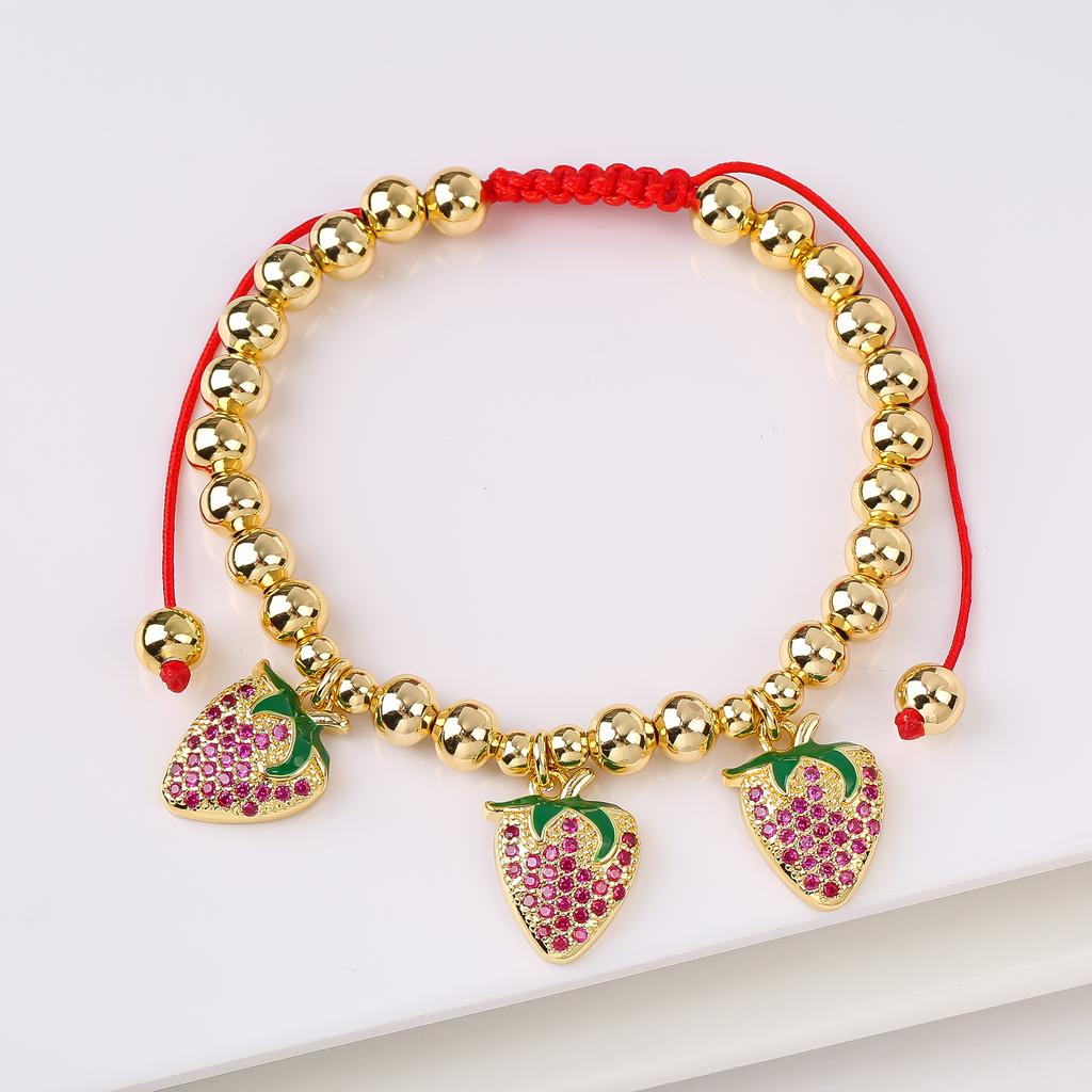 Hot Sale Cute Cherry Strawberry Pendant Copper Bead Chain Bracelet High Quality Crystal Zirconia Fruit Jewelry For Daily Wear
