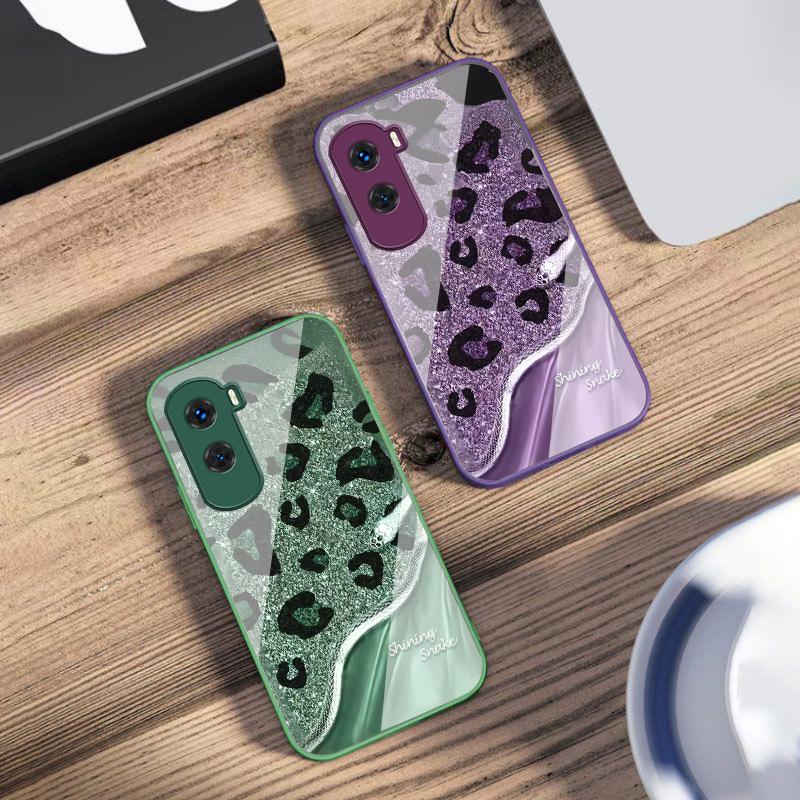 Leopard Sequin Snake For Honor 200 90 8X 9X Pro Lite P50 P40 Nova 10 11i P60 Magic4 6 Mate 20 50 Tempered Glass Phone Case