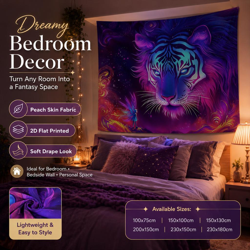 Mystical Neon Tiger Tapestry 2D Flat Printed Peach Skin Wall Hanging Fantasy Fairy Cosmic Background Cloth for Bedroom Decor