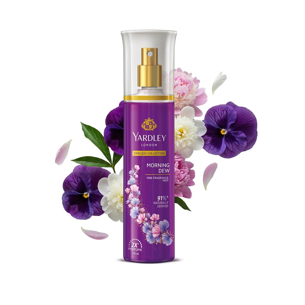 Yardley London Morning Dew Fine Fragrance Body Mist Spray | 2X Perfume for Women | 91% Naturally Derived | Lily of the Valley & Frangipani
