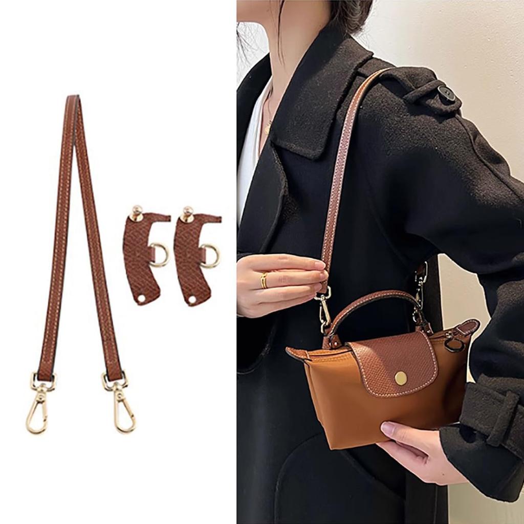 [jiesinlov] Leather Purse Strap, Replacement Crossbody Shoulder Strap for Le Pliage Mini (Short Brown & Gold)