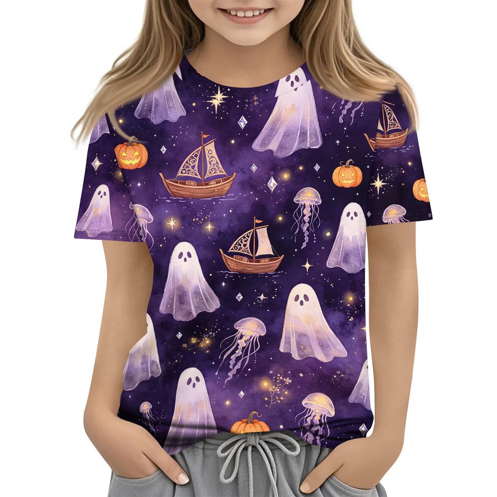 Boys and Girls Halloween T-Shirt - Round Neck Short Sleeve Casual Graphic Tee for Kids