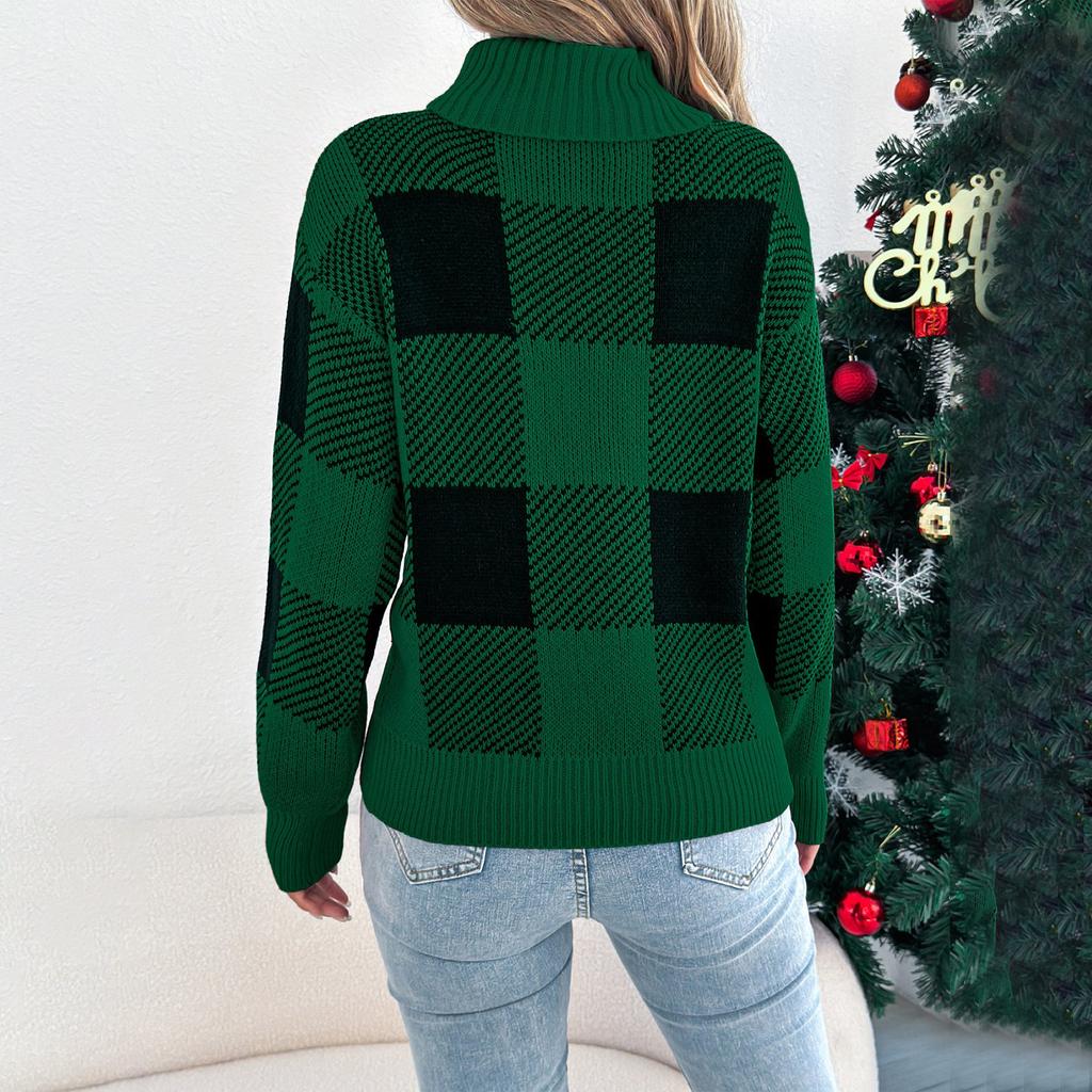 Women's Christmas Casual Color Block Plaid Long-Sleeved Turtleneck Sweater