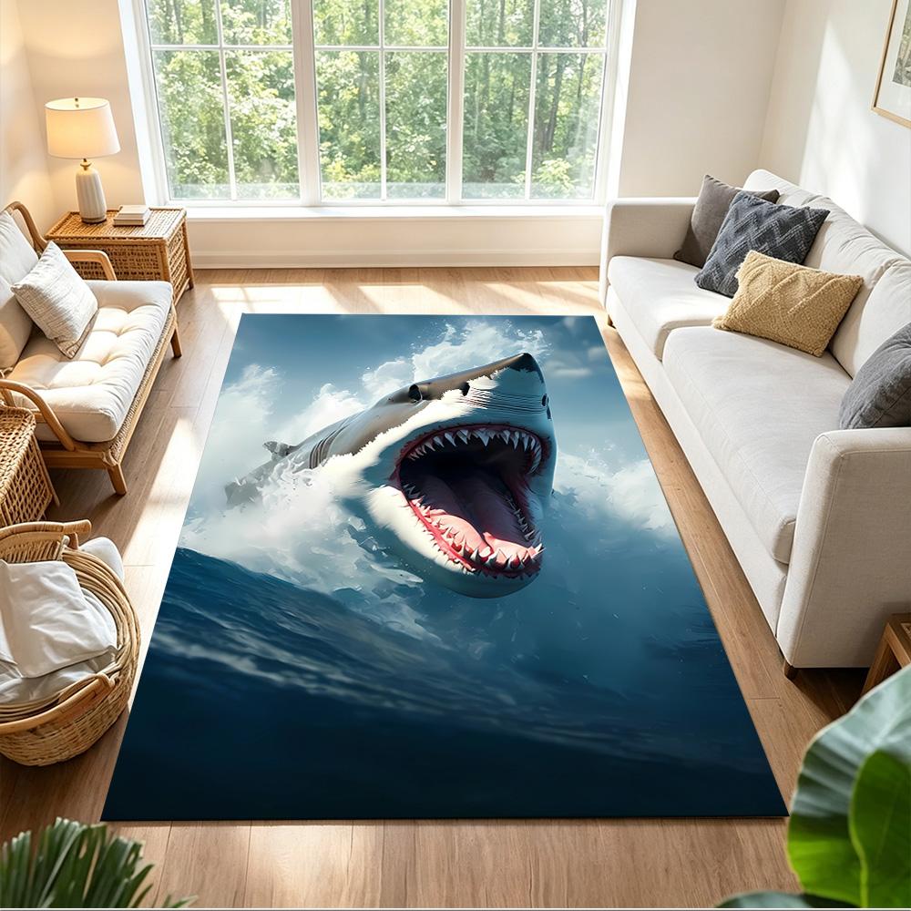 Shark Surface 2D Printed Floor Mat Shaggy Fabric Stain-resistant Surface Office & Lounge Rug Bohemian Boho Style Holiday Home Gift