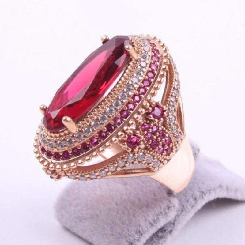 Huitan Gorgeous Big Oval Red Cubic Zirconia Women's Rings Rose Gold Color Wedding Accessories Temperament Elegant Lady