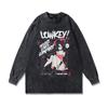 Vintage Washed Cotton Graphic Tee Men Loose Fit Round Neck Long Sleeve Anime Print Casual Top