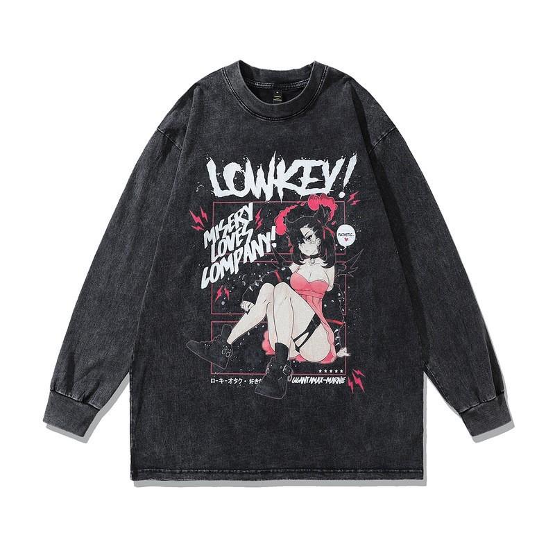 Vintage Washed Cotton Graphic Tee Men Loose Fit Round Neck Long Sleeve Anime Print Casual Top