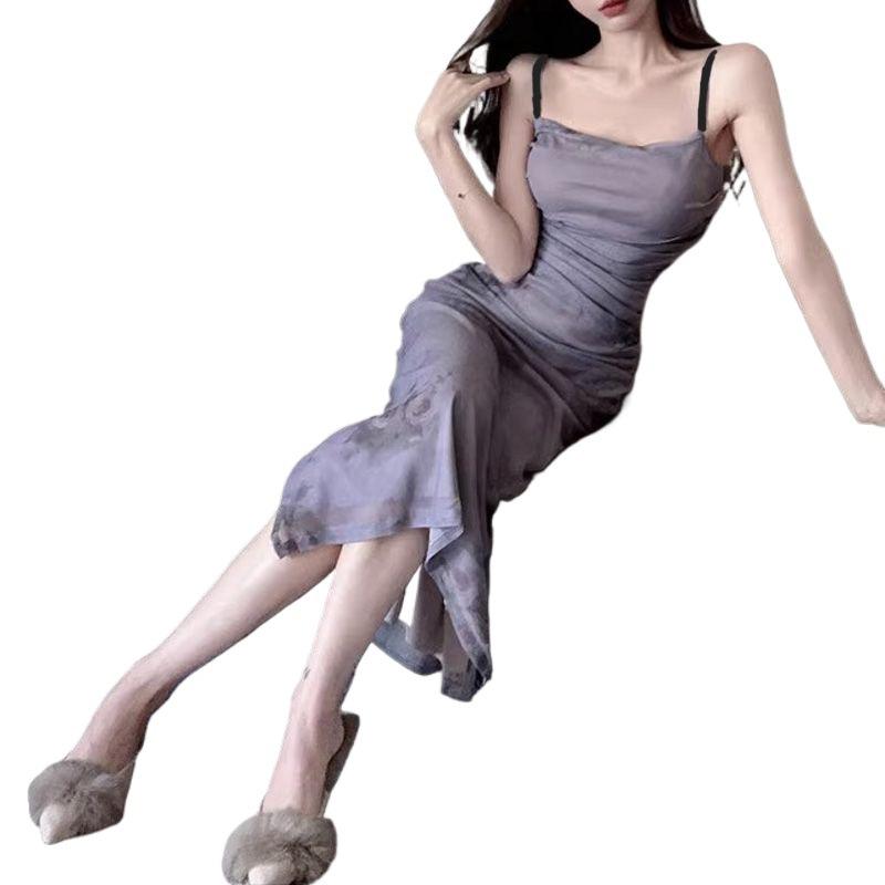 Rose Tie-dye Pleated Sexy Slim Slim Slim Split Dress Children's French Suspender Dress Summer New