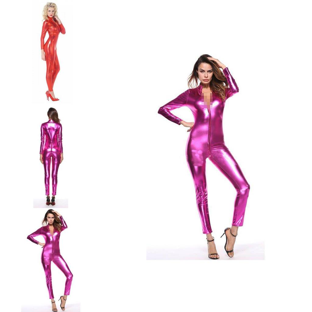 Smooth Touch Metallic Sexy Catsuit Jumpsuit With Double Zipper Closure For Parties