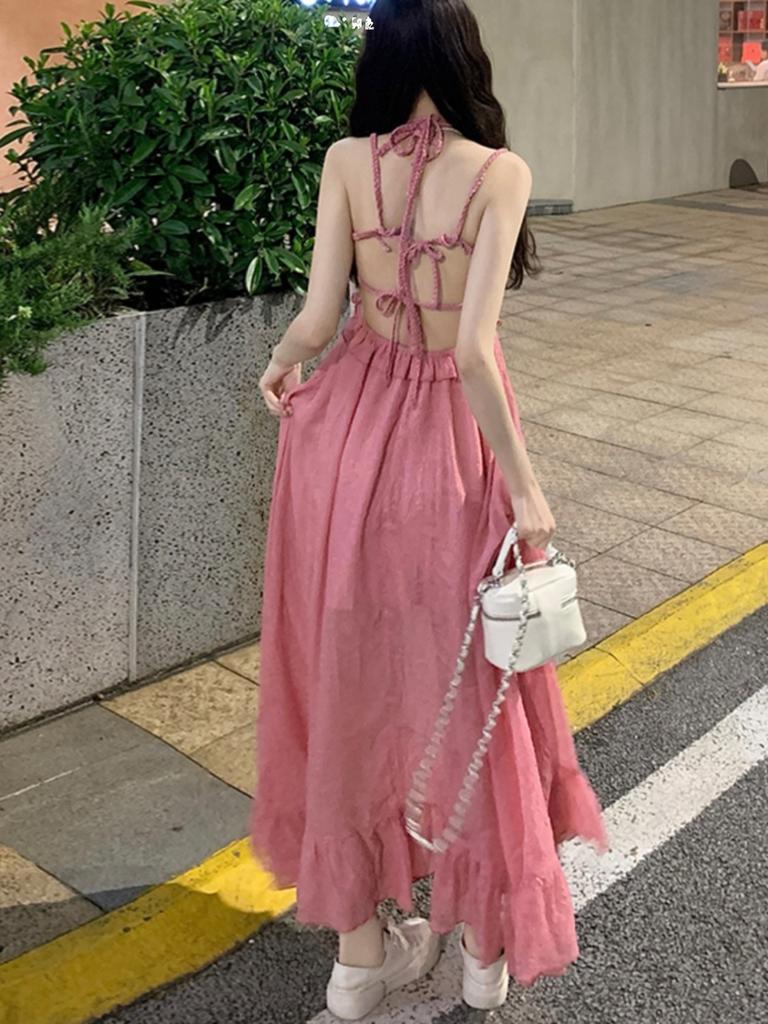 Backless Irregular Summer Dress Women Elegant Pink Elegant Strap Flower Slim Ladies Jacquard A Line Holiday Dresses