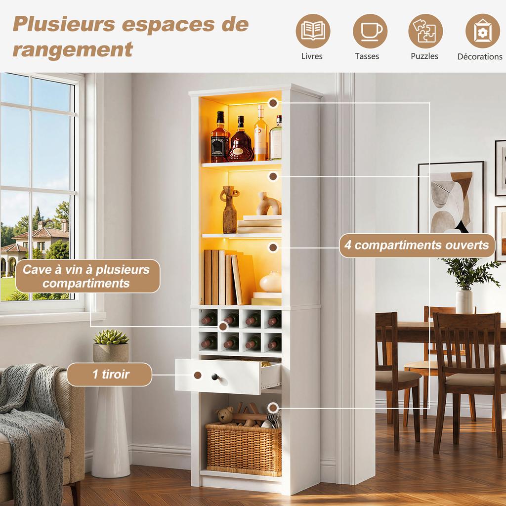 Display Cabinet with LED Lighting, Bookcase with 1 Drawer, 12 Compartments, Collectibles, Wine, for Living Room Dining Room Office, white, 55x40x200cm