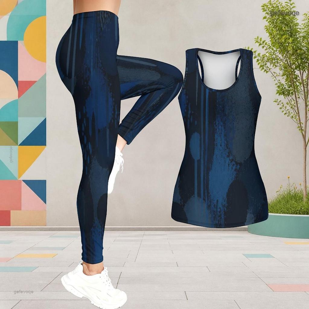 Women Plus Size Two Piece Set Scoop Neck Sleeveless Dark Blue Beige Printed Tank Top Fitted Pants