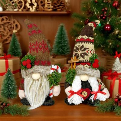 Christmas Plush Gnome Decoration Handmade Elf Dwarf Figurine with Knitted Hat Pine Branches Winter Stuffed Swedish Tomte Doll