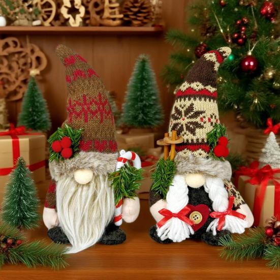 Christmas Plush Gnome Decoration Handmade Elf Dwarf Figurine with Knitted Hat Pine Branches Winter Stuffed Swedish Tomte Doll for Holiday Table Decor