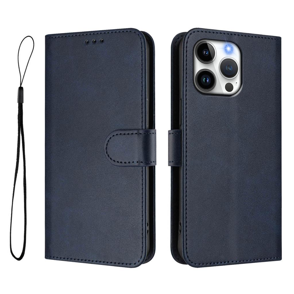 For iPhone 16 Pro Max Wallet Case RFID Blocking Calf Texture Leather Stand Phone Cover with Strap