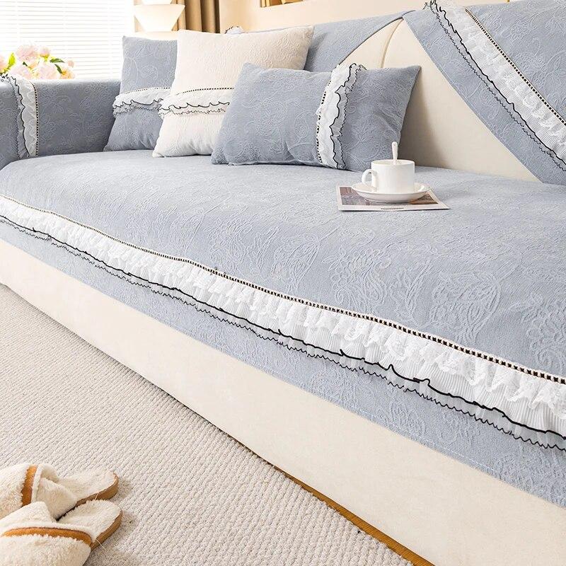 

Сплошной цвет диванная подушка свет роскошный кружевной чехол для дивана универсальный противоскользящий синель всесезонный универсальный чехол для дивана для гостиной 70x70cm 1pcs