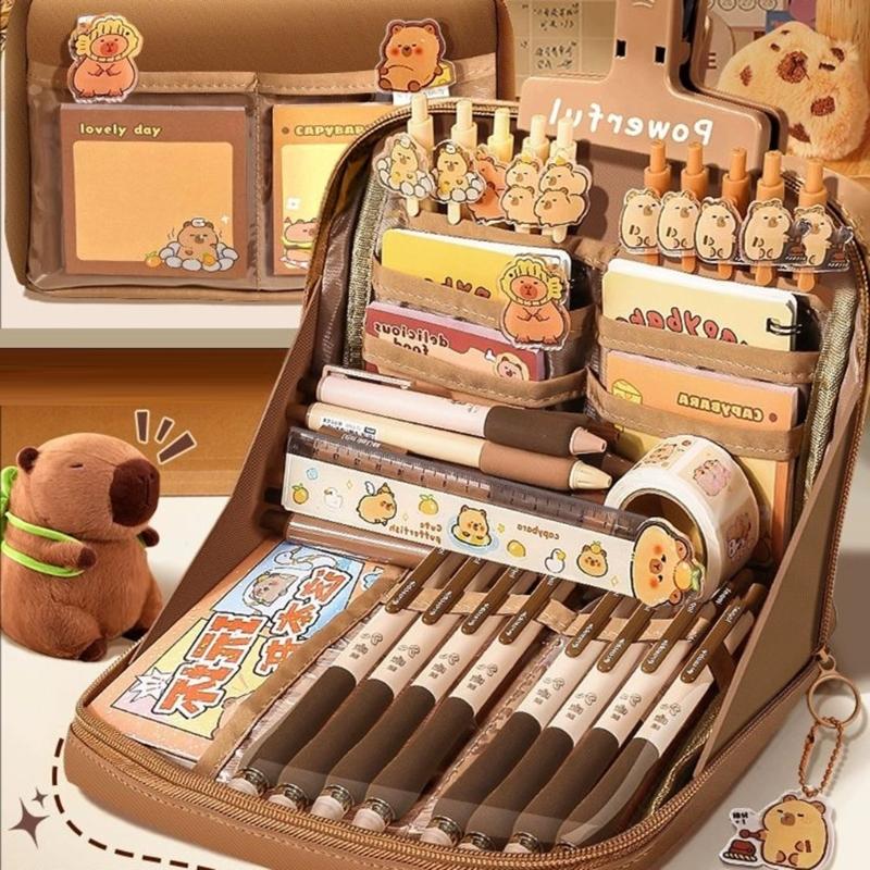 9Pcs Capybara Student School Stationeries With Large Pencil Case Eraser Pen Paper Clamp Highlighter Pen Ruler Sticker