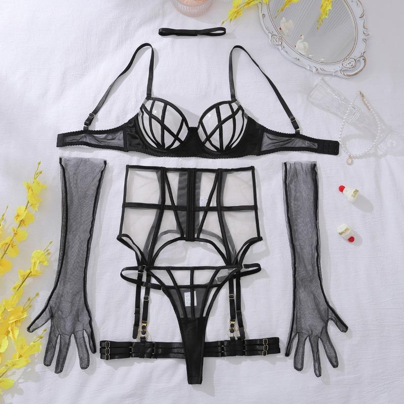 Luxury Lingeries Sexy Hot Women Erotic Costumes See Through Mesh Pusp Up Bra And Panty With Garter Belts Gloves Choker Underwear