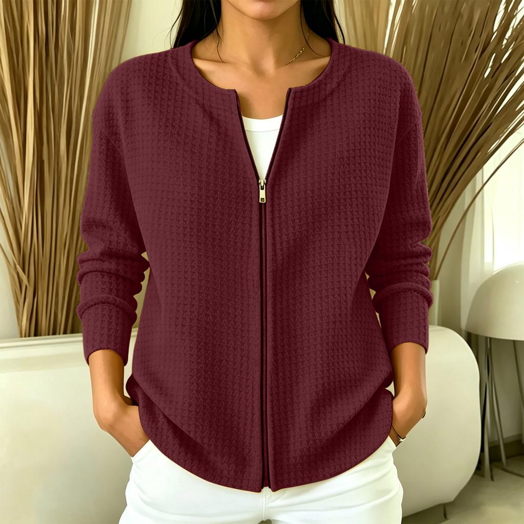 Women's Knit Full Zip Jacket Color Round Neck Loose Fit Casual Outerwear
