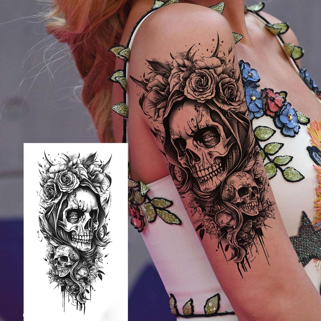 1 Sheet Wolf Tiger Astronaut Dragon Skeleton Temporary Tattoos For Women Men Adults Fake Skull Flower Tattoo Sticker Waterproof