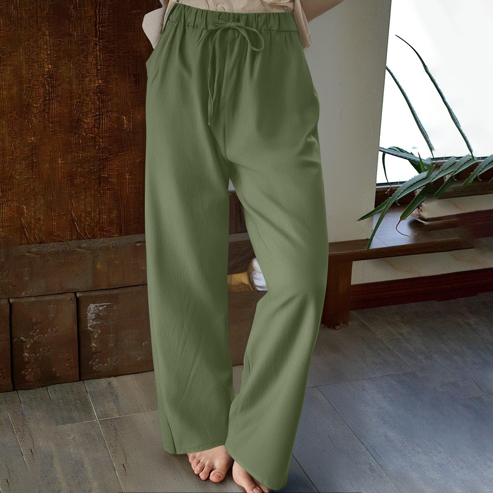 

Women Casual Cotton And Linen Solid Drawstring Elastic Waist Long Straight Pants XXL