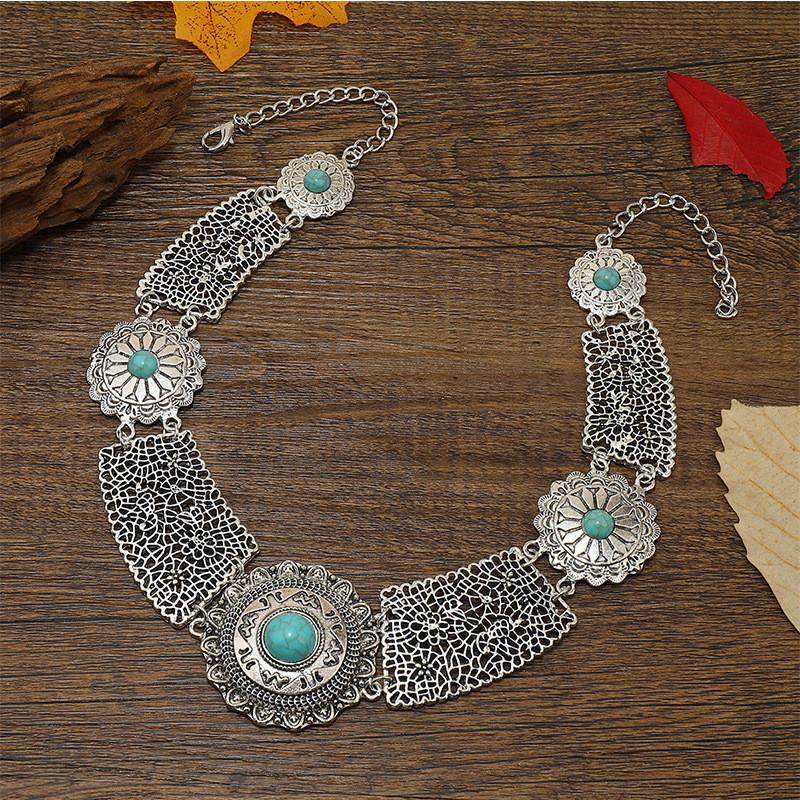 Style Simulation Ethnic Gemstone Decoration Hollow Design Women Necklace Metal