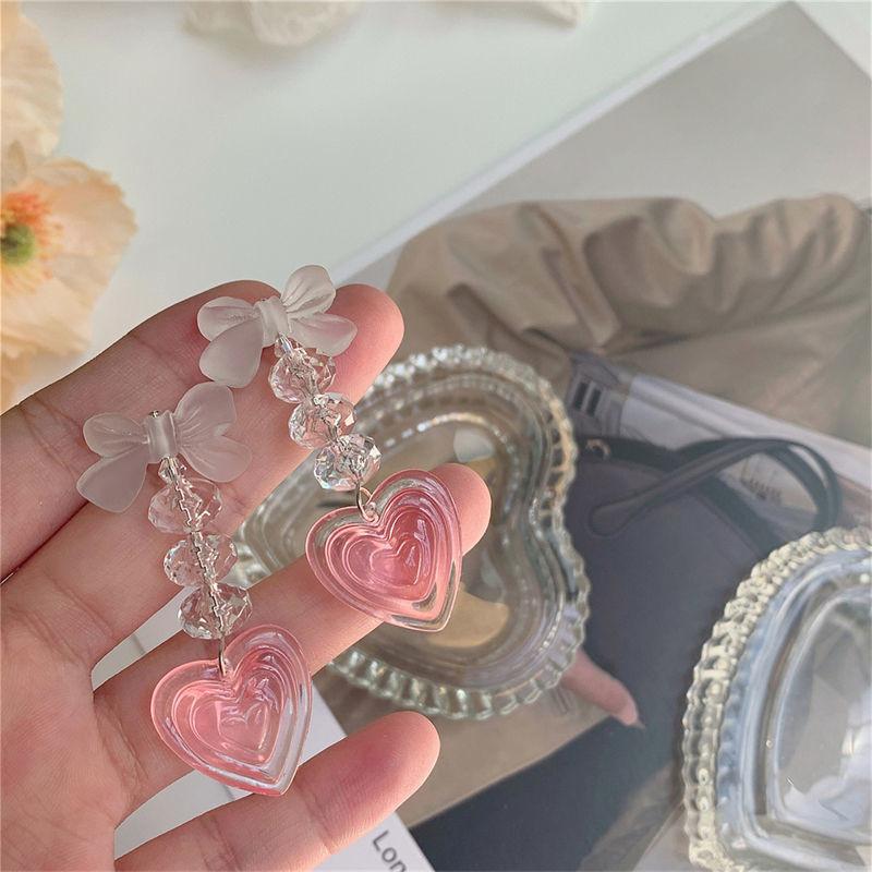 Pink Heart Stylish Earrings Fashionable Long Alloy Plated Geometric Drop Jewelry For Women