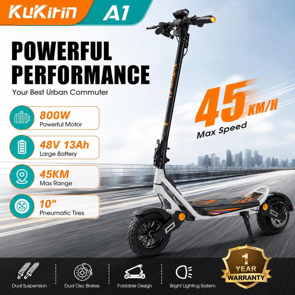 KuKirin A1 Electric Scooters Motor 800W 48V 13Ah Battery 45 Km/h Speed 45km Range 10 Inch Tyres