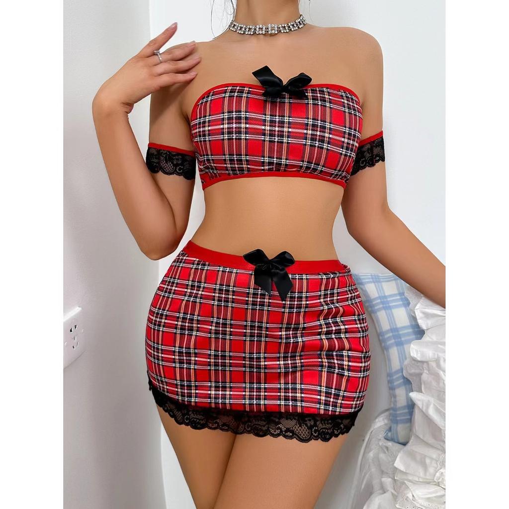 Sexy plaid maid outfit European and American college style tube top skirt suit uniform seduction lingerie