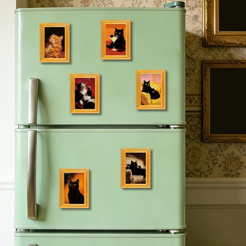Set of 6 Cute Cats Design Art Print Wooden Frame Magnetic Sticekr for Refrigerator Decors Famous Painting Fridge Magnets