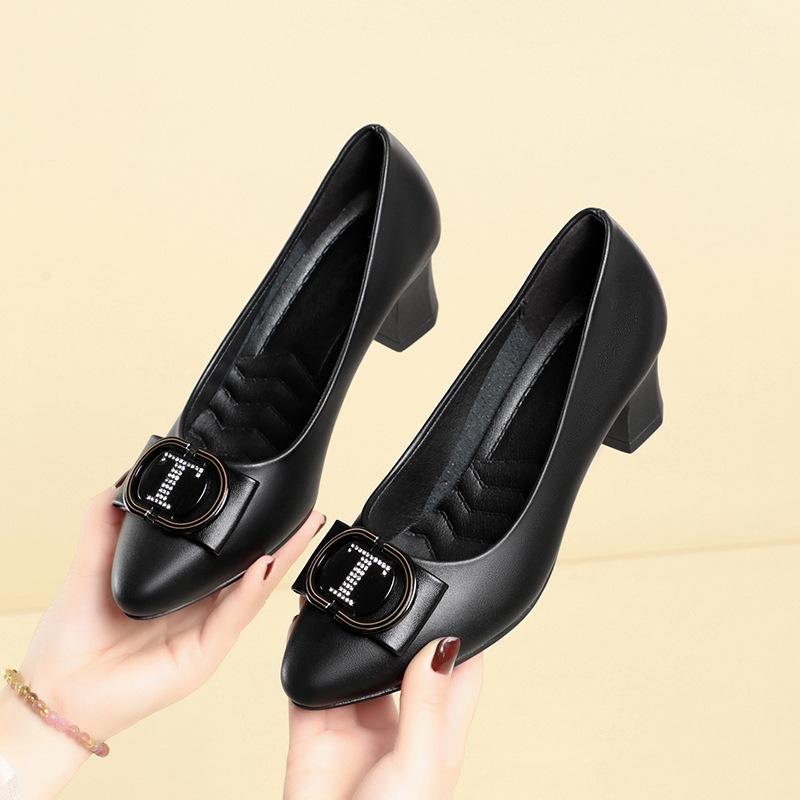 Damskie buty pojedyncze Wiosna Jesień Gruby obcas Skórzane buty Wszechstronne do pracy Buty damskie bez męczenia stóp Buty na wysokim obcasie