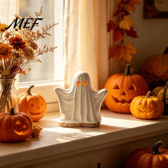 Spooky Resin Ornaments Ghost Ornament with Warm Light, Cute Luminous Figurine, Glowing Pleated Table Decorations Night Light for Tabletop And