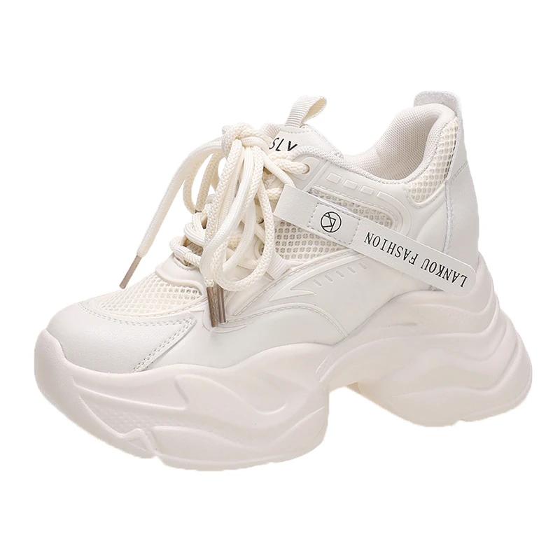 Fashion 9CM Women Chunky Leather Sneakers High Platform Ulzzang Sports Shoes New 2025 Spring Thick Bottom Women's Wedge Casual Shoes