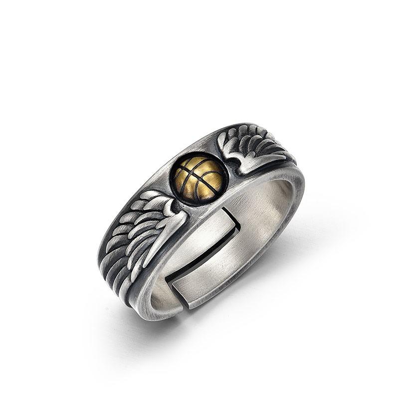 Adjustable Open Ring Men Women Vintage Basketball Motif Geometric Plated Copper Statement Jewelry